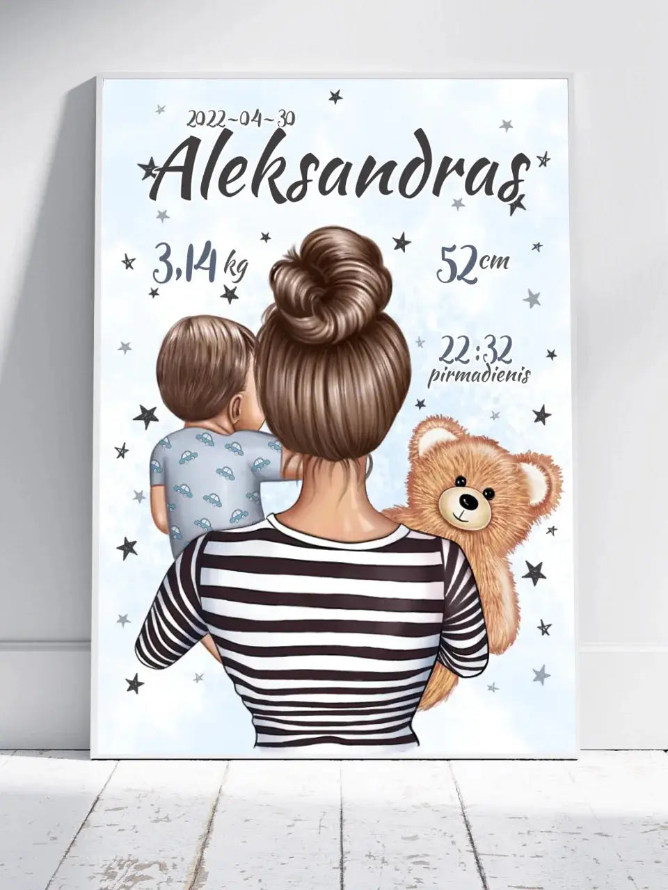 Personalizuota Berniuko Gimimo Metrikų Iliustracija, plakatas su rėmeliu Customizer - dovanokis.lt