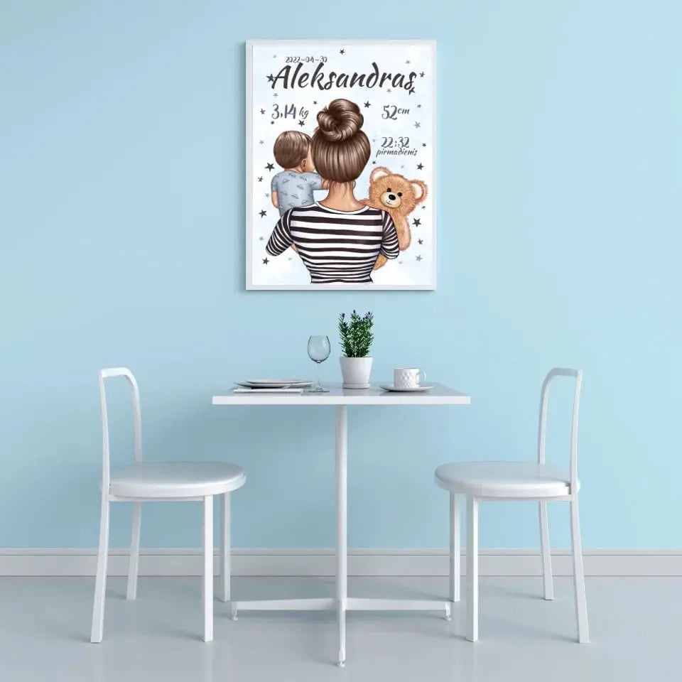 Personalizuota Berniuko Gimimo Metrikų Iliustracija, plakatas su rėmeliu Customizer - dovanokis.lt