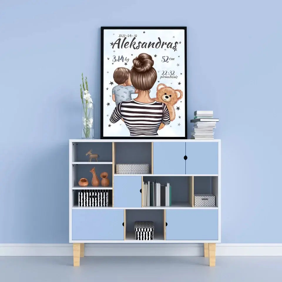 Personalizuota Berniuko Gimimo Metrikų Iliustracija, plakatas su rėmeliu Customizer - dovanokis.lt