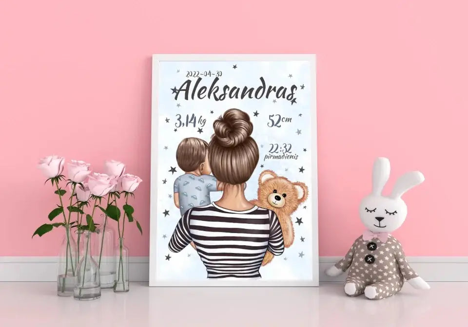 Personalizuota Berniuko Gimimo Metrikų Iliustracija, plakatas su rėmeliu Customizer - dovanokis.lt