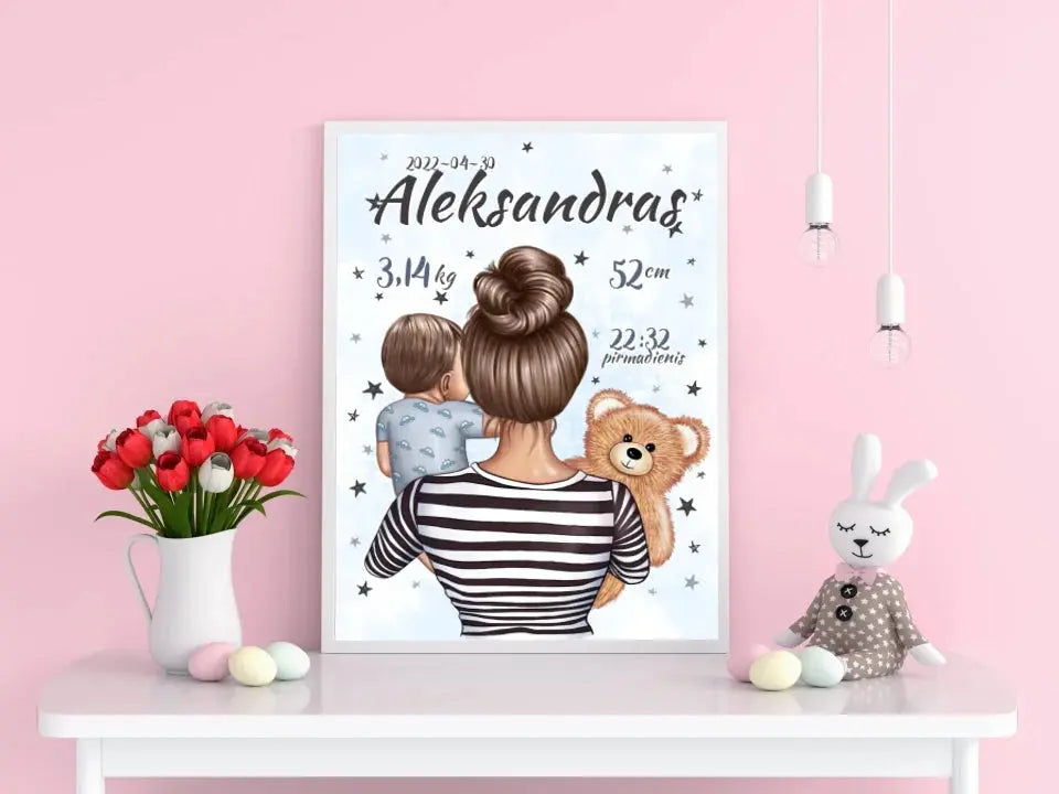 Personalizuota Berniuko Gimimo Metrikų Iliustracija, plakatas su rėmeliu Customizer - dovanokis.lt