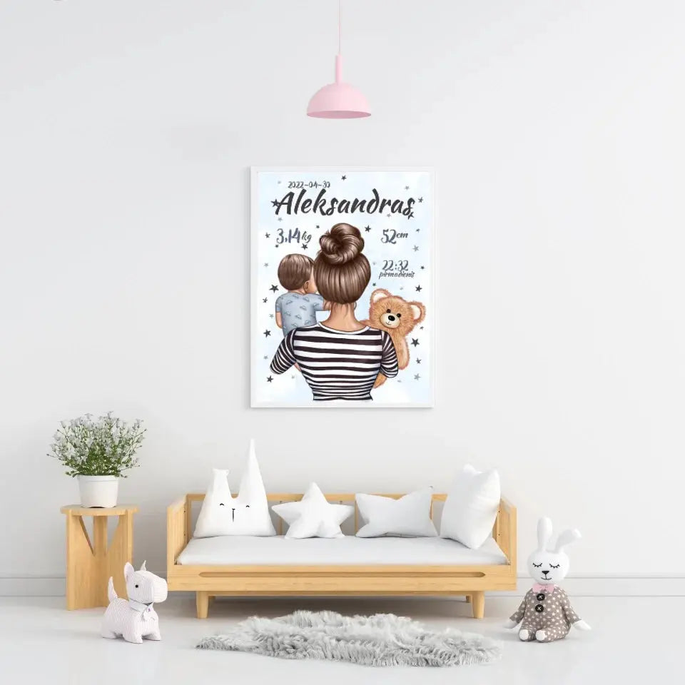Personalizuota Berniuko Gimimo Metrikų Iliustracija, plakatas su rėmeliu Customizer - dovanokis.lt