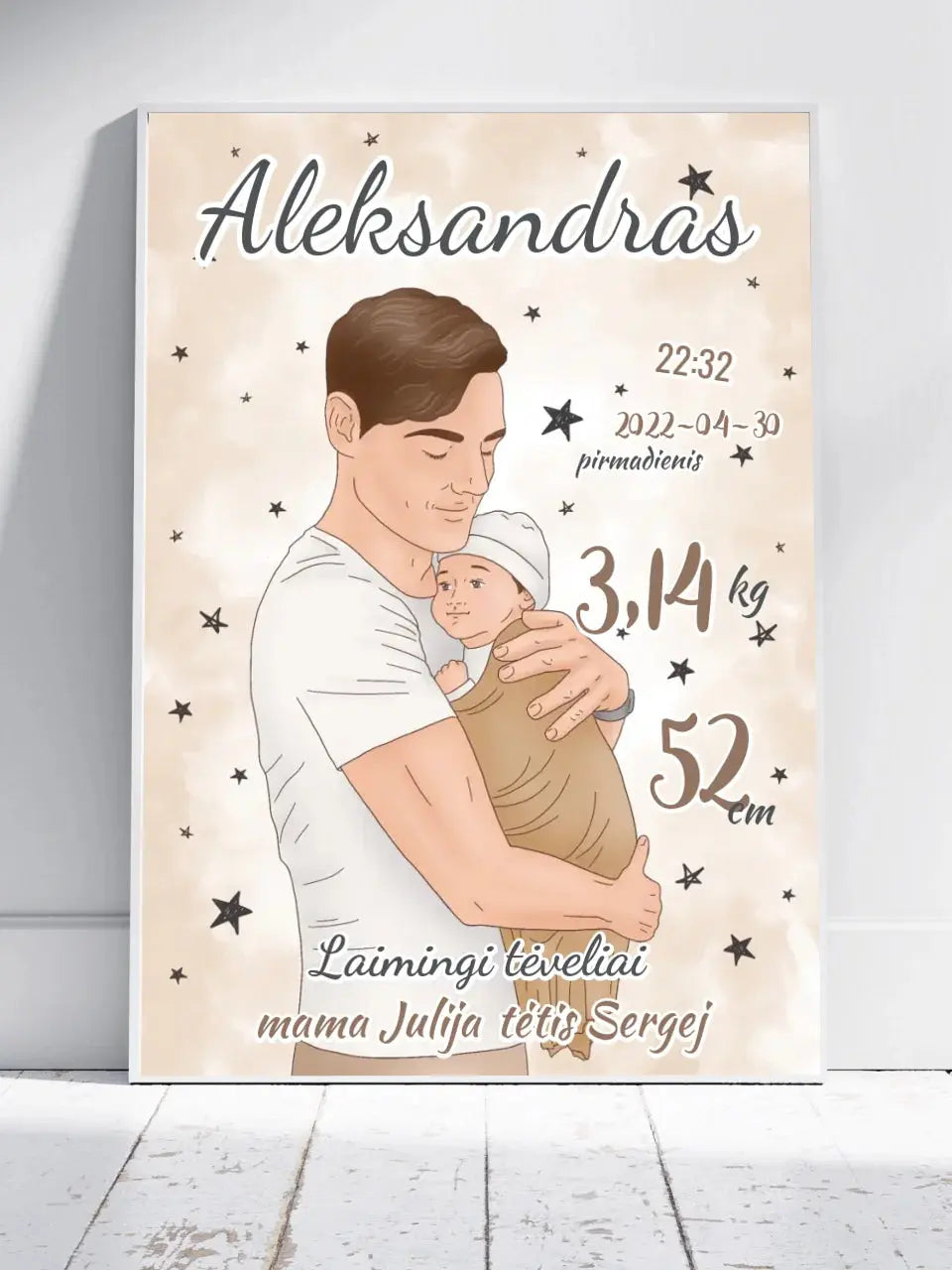 Personalizuota Berniuko Gimimo Metrikų Iliustracija, plakatas su rėmeliu Customizer - dovanokis.lt