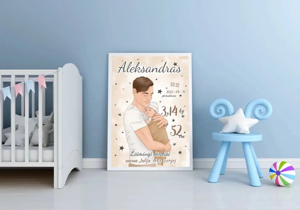Personalizuota Berniuko Gimimo Metrikų Iliustracija, plakatas su rėmeliu Customizer - dovanokis.lt