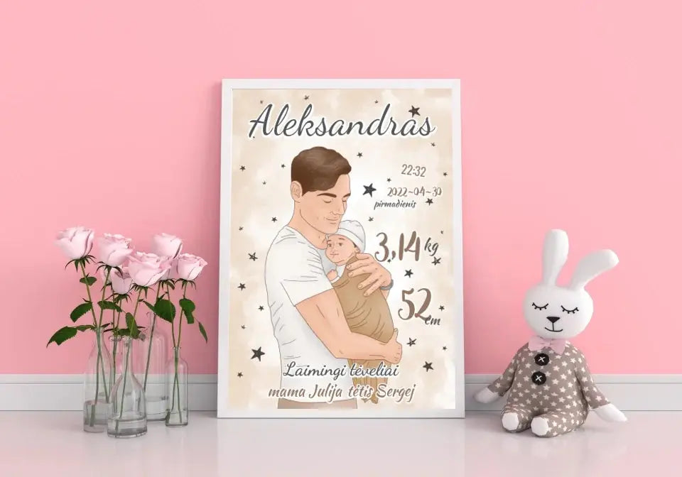 Personalizuota Berniuko Gimimo Metrikų Iliustracija, plakatas su rėmeliu Customizer - dovanokis.lt