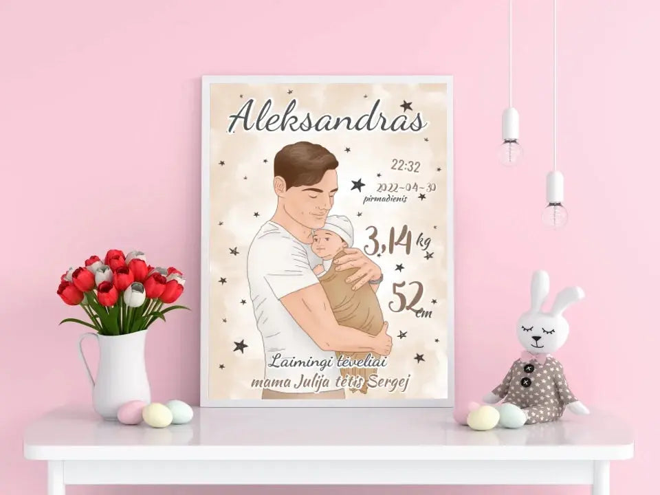 Personalizuota Berniuko Gimimo Metrikų Iliustracija, plakatas su rėmeliu Customizer - dovanokis.lt