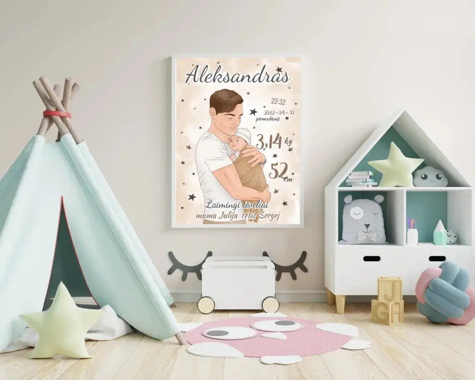 Personalizuota Berniuko Gimimo Metrikų Iliustracija, plakatas su rėmeliu Customizer - dovanokis.lt