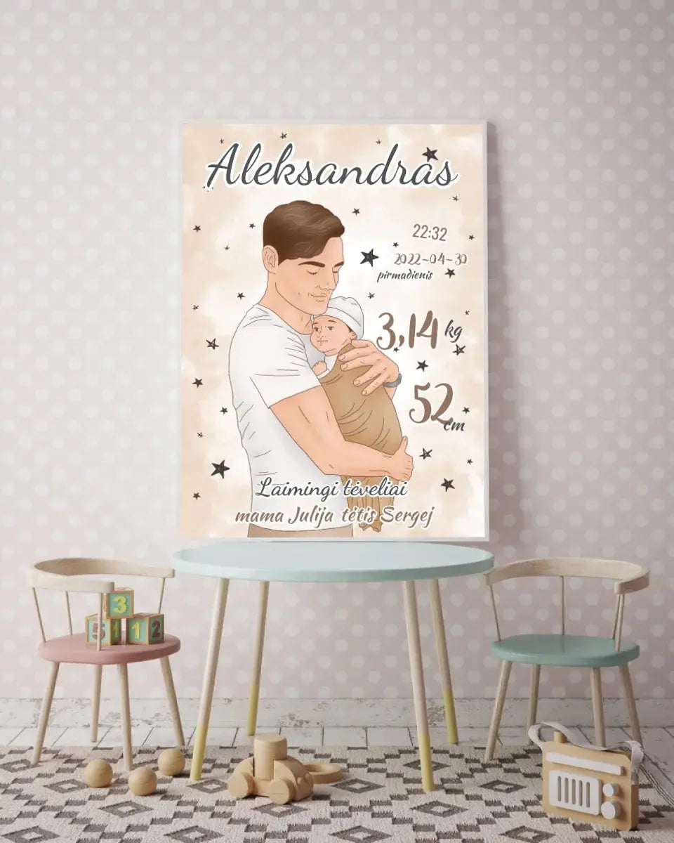 Personalizuota Berniuko Gimimo Metrikų Iliustracija, plakatas su rėmeliu Customizer - dovanokis.lt