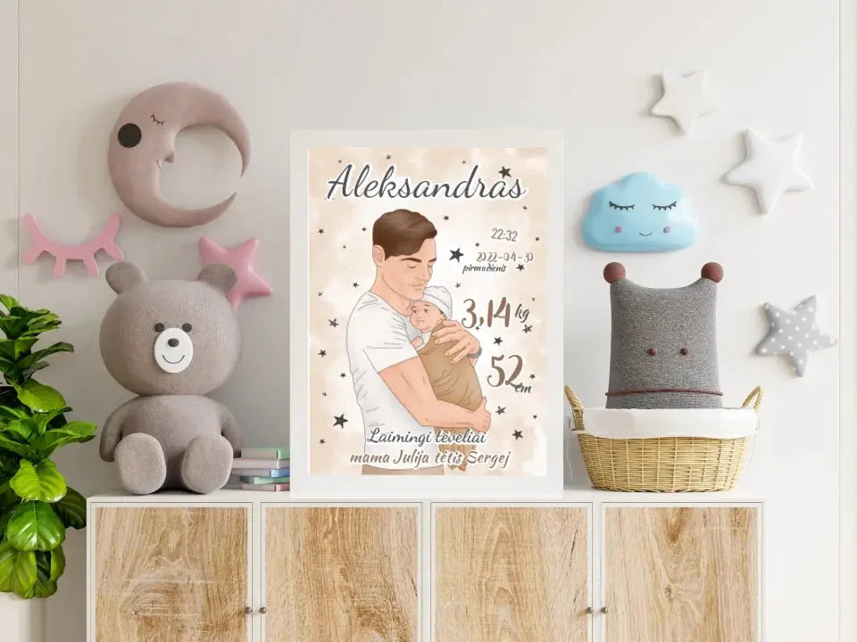 Personalizuota Berniuko Gimimo Metrikų Iliustracija, plakatas su rėmeliu Customizer - dovanokis.lt