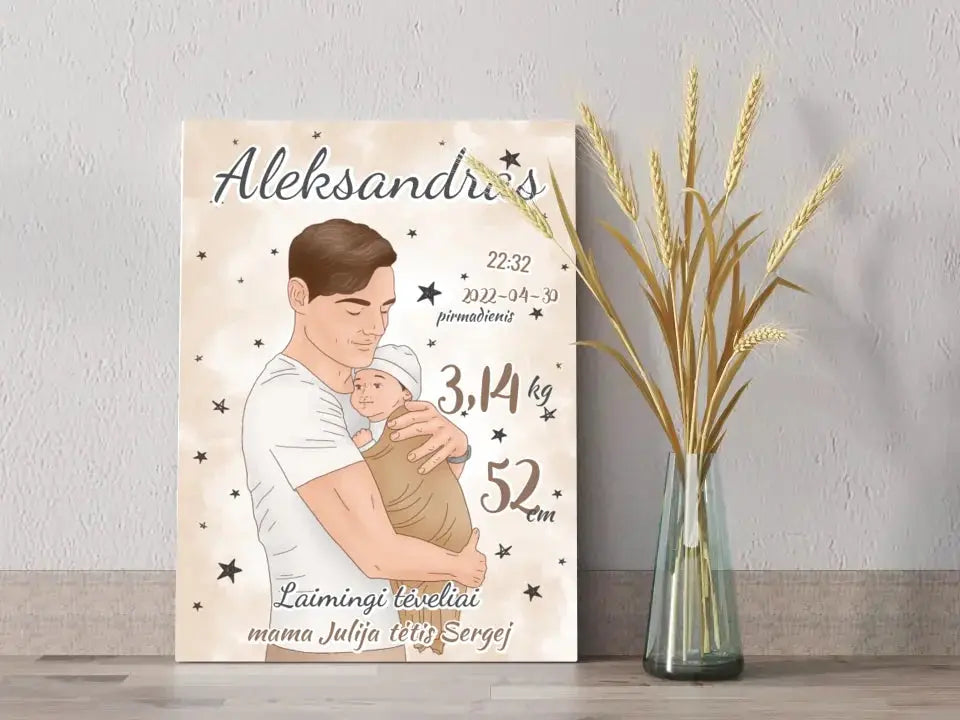 Personalizuota Berniuko Gimimo Metrikų Iliustracija ant drobės Drobe - dovanokis.lt