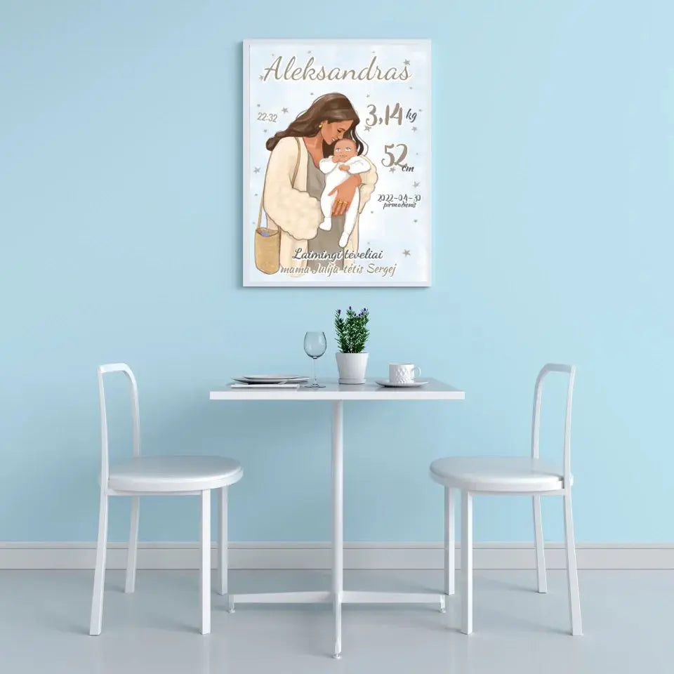 Personalizuota Berniuko Gimimo Metrikų Iliustracija, plakatas su rėmeliu Customizer - dovanokis.lt