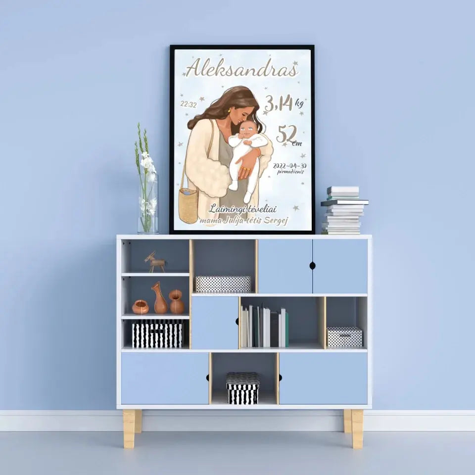Personalizuota Berniuko Gimimo Metrikų Iliustracija, plakatas su rėmeliu Customizer - dovanokis.lt