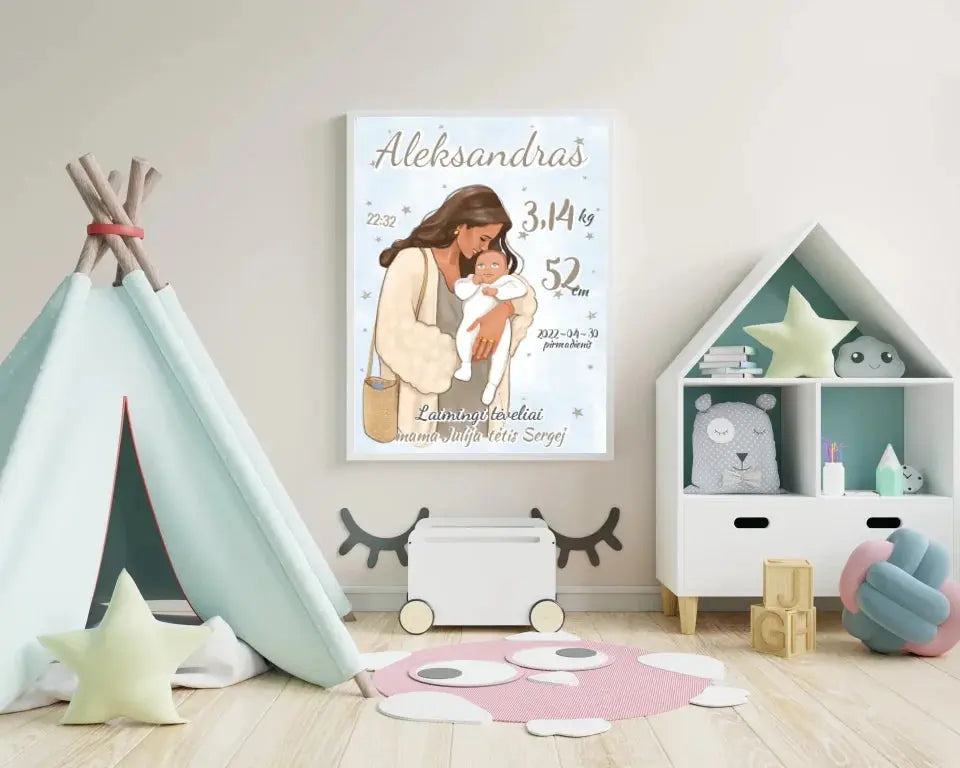 Personalizuota Berniuko Gimimo Metrikų Iliustracija, plakatas su rėmeliu Customizer - dovanokis.lt