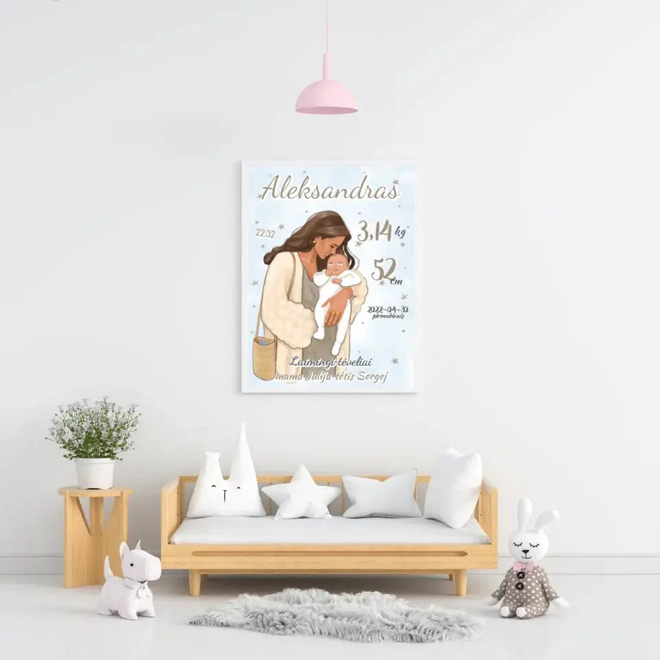 Personalizuota Berniuko Gimimo Metrikų Iliustracija, plakatas su rėmeliu Customizer - dovanokis.lt
