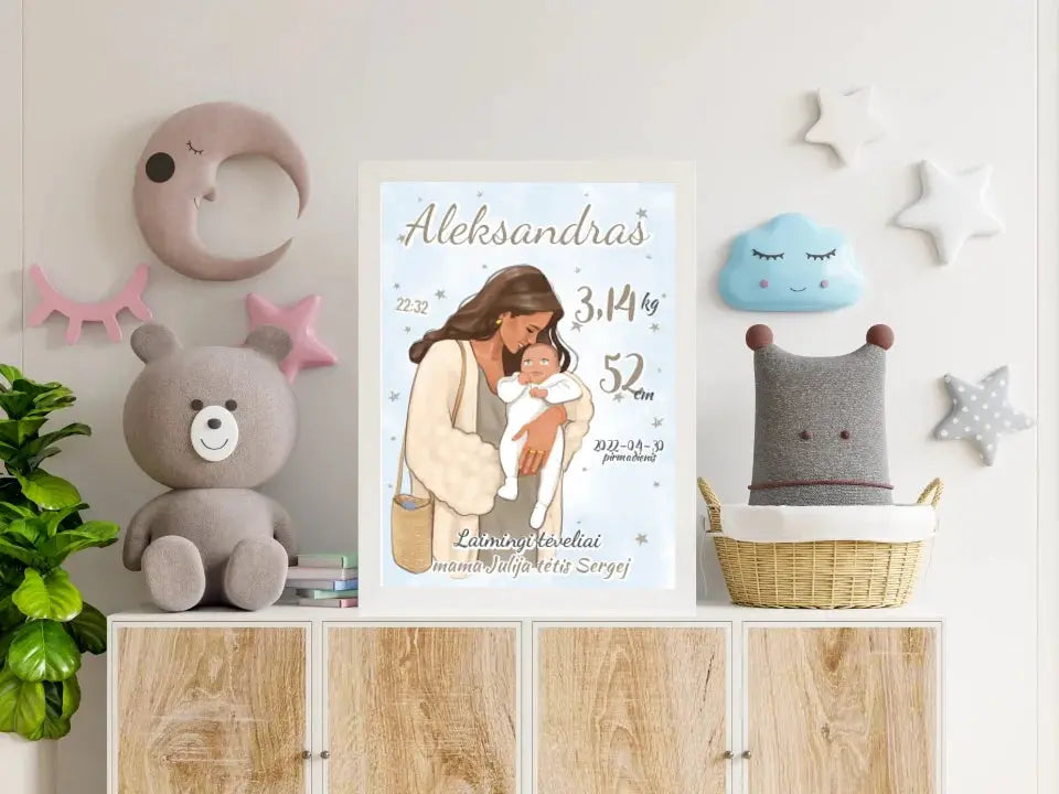 Personalizuota Berniuko Gimimo Metrikų Iliustracija, plakatas su rėmeliu Customizer - dovanokis.lt