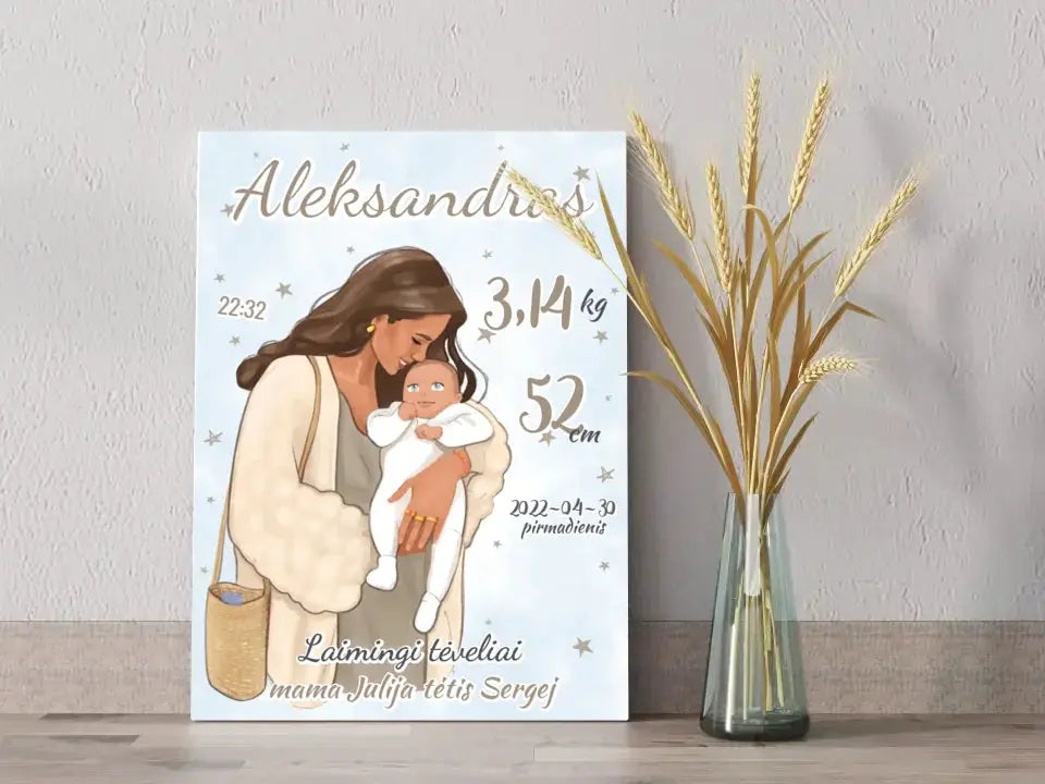Personalizuota Berniuko Gimimo Metrikų Iliustracija ant drobės Drobe - dovanokis.lt