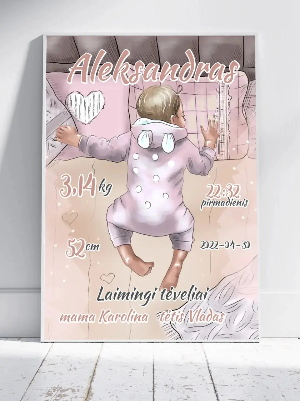 Personalizuota Berniuko Gimimo Metrikų Iliustracija, plakatas su rėmeliu Customizer - dovanokis.lt