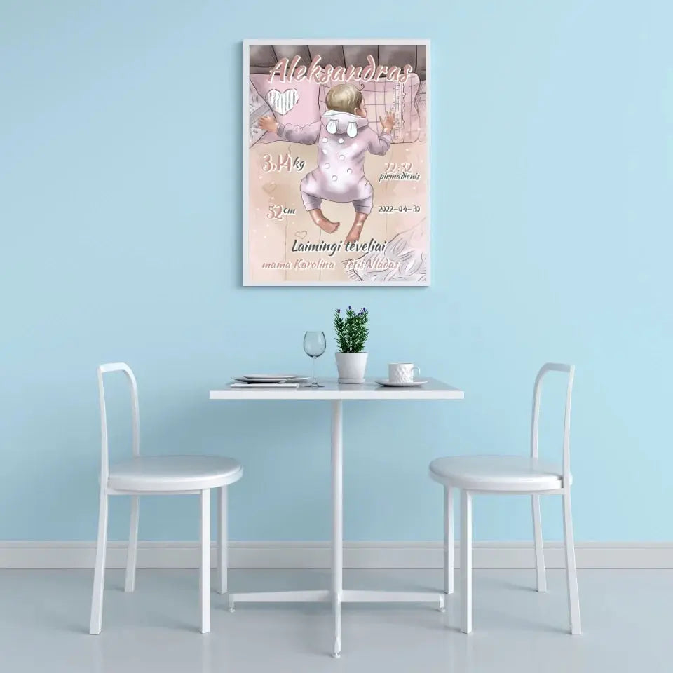 Personalizuota Berniuko Gimimo Metrikų Iliustracija, plakatas su rėmeliu Customizer - dovanokis.lt