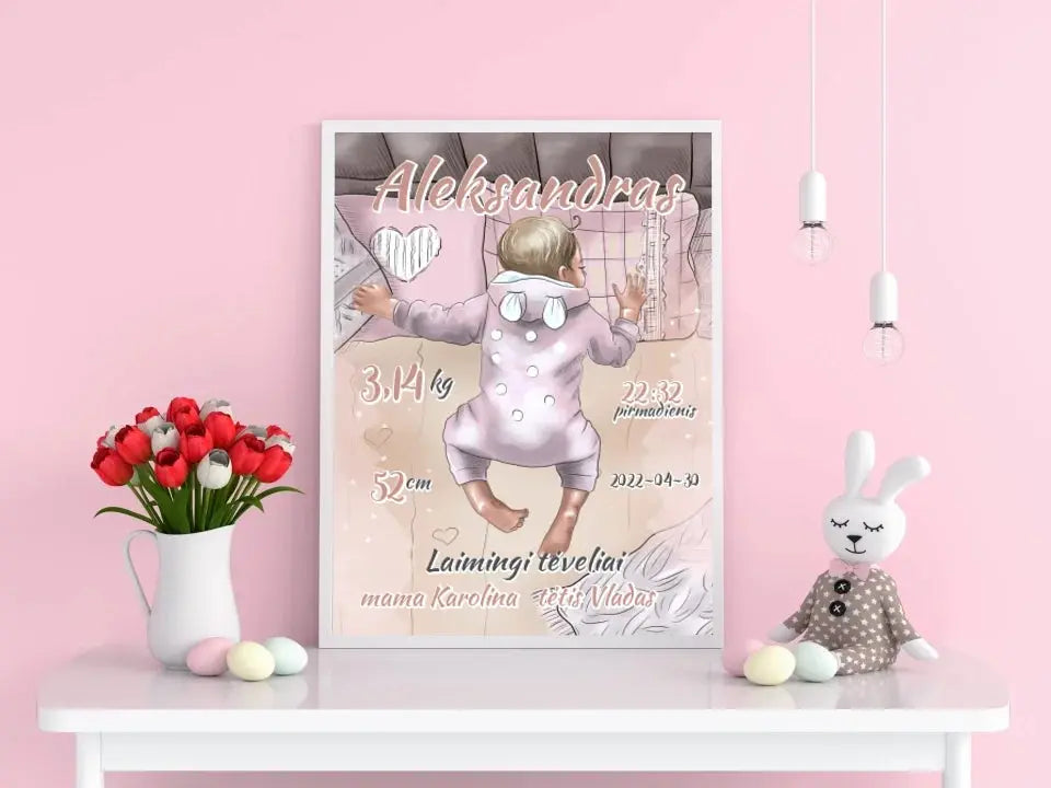 Personalizuota Berniuko Gimimo Metrikų Iliustracija, plakatas su rėmeliu Customizer - dovanokis.lt