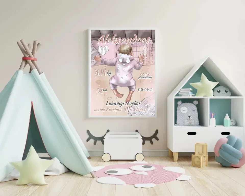 Personalizuota Berniuko Gimimo Metrikų Iliustracija, plakatas su rėmeliu Customizer - dovanokis.lt