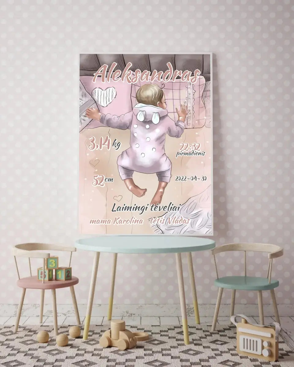 Personalizuota Berniuko Gimimo Metrikų Iliustracija, plakatas su rėmeliu Customizer - dovanokis.lt