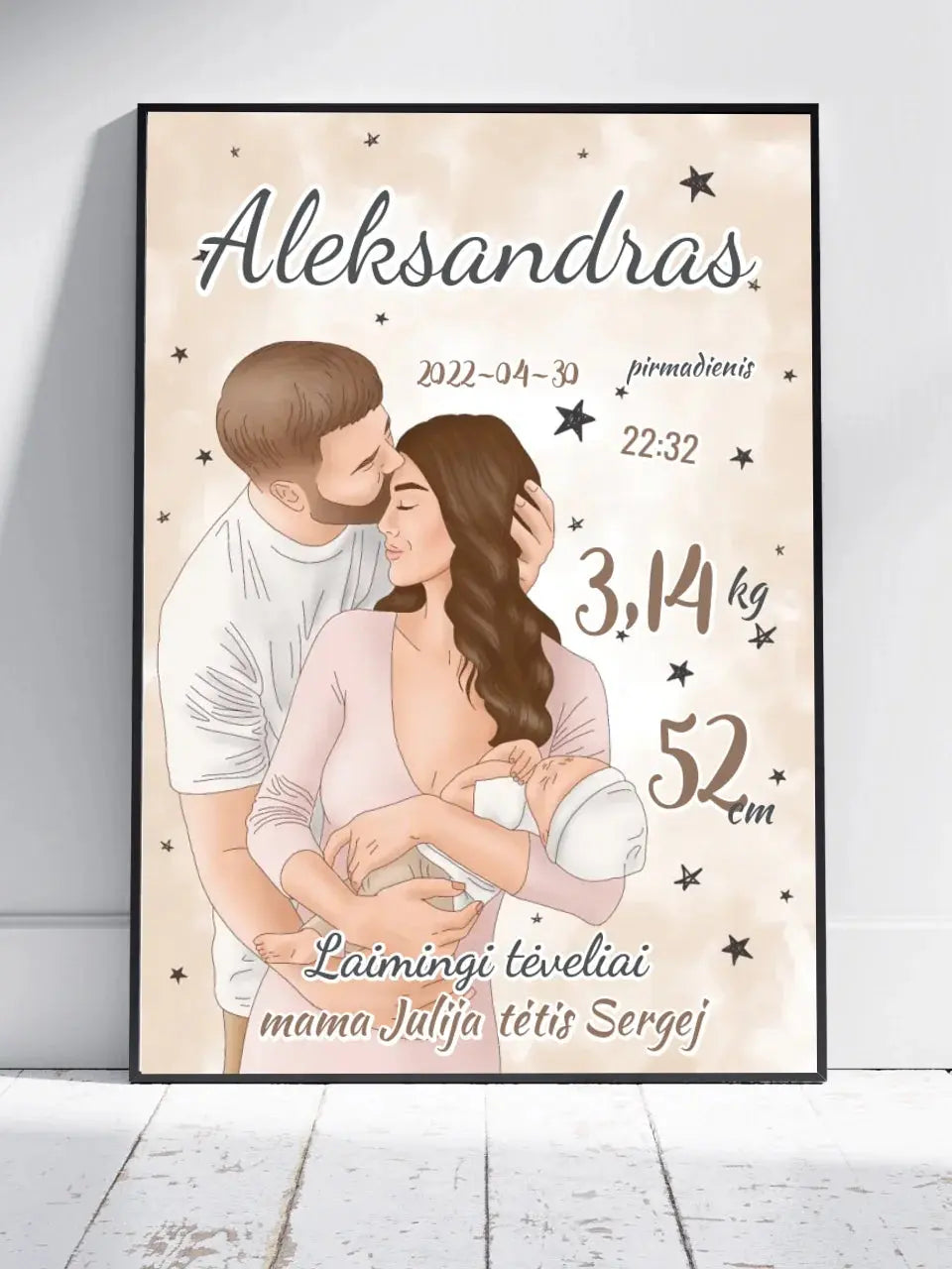 Personalizuota Berniuko Gimimo Metrikų Iliustracija, plakatas su rėmeliu Customizer - dovanokis.lt