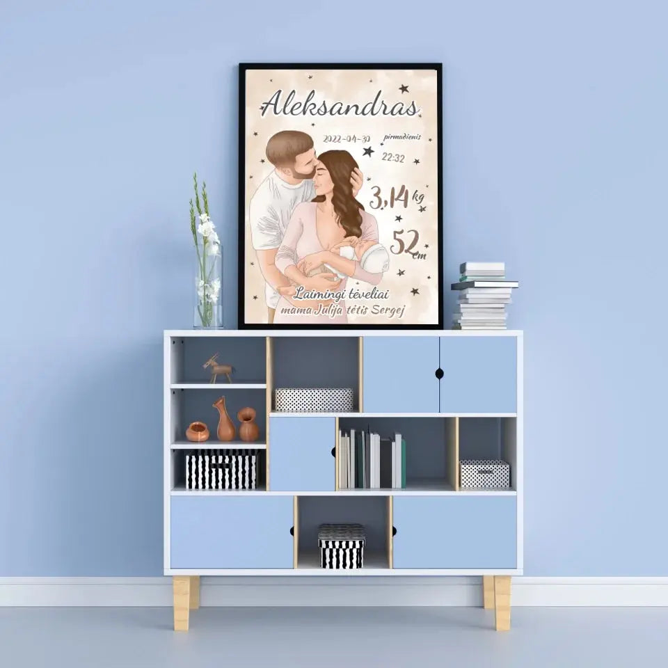 Personalizuota Berniuko Gimimo Metrikų Iliustracija, plakatas su rėmeliu Customizer - dovanokis.lt