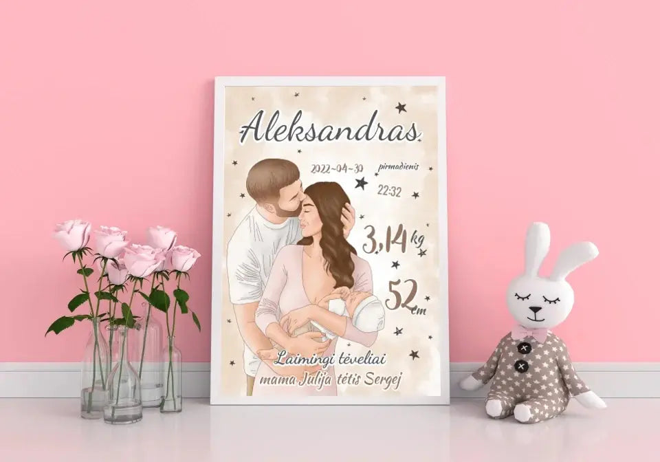 Personalizuota Berniuko Gimimo Metrikų Iliustracija, plakatas su rėmeliu Customizer - dovanokis.lt