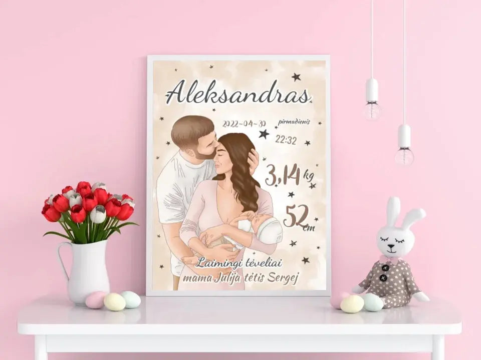 Personalizuota Berniuko Gimimo Metrikų Iliustracija, plakatas su rėmeliu Customizer - dovanokis.lt