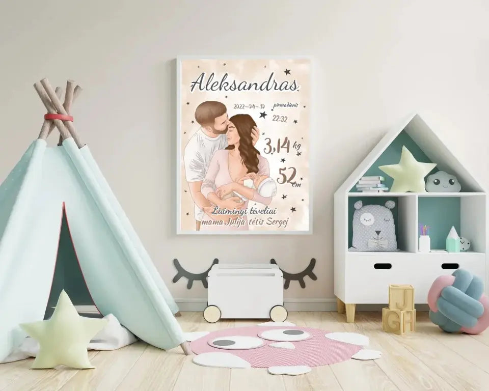 Personalizuota Berniuko Gimimo Metrikų Iliustracija, plakatas su rėmeliu Customizer - dovanokis.lt