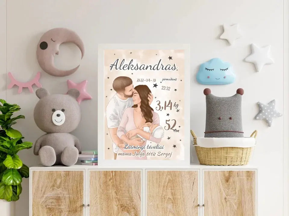 Personalizuota Berniuko Gimimo Metrikų Iliustracija, plakatas su rėmeliu Customizer - dovanokis.lt