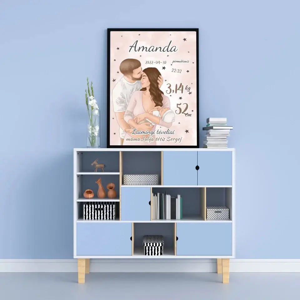 Personalizuota Mergaitės Gimimo Metrikų Iliustracija, plakatas su rėmeliu Customizer - dovanokis.lt