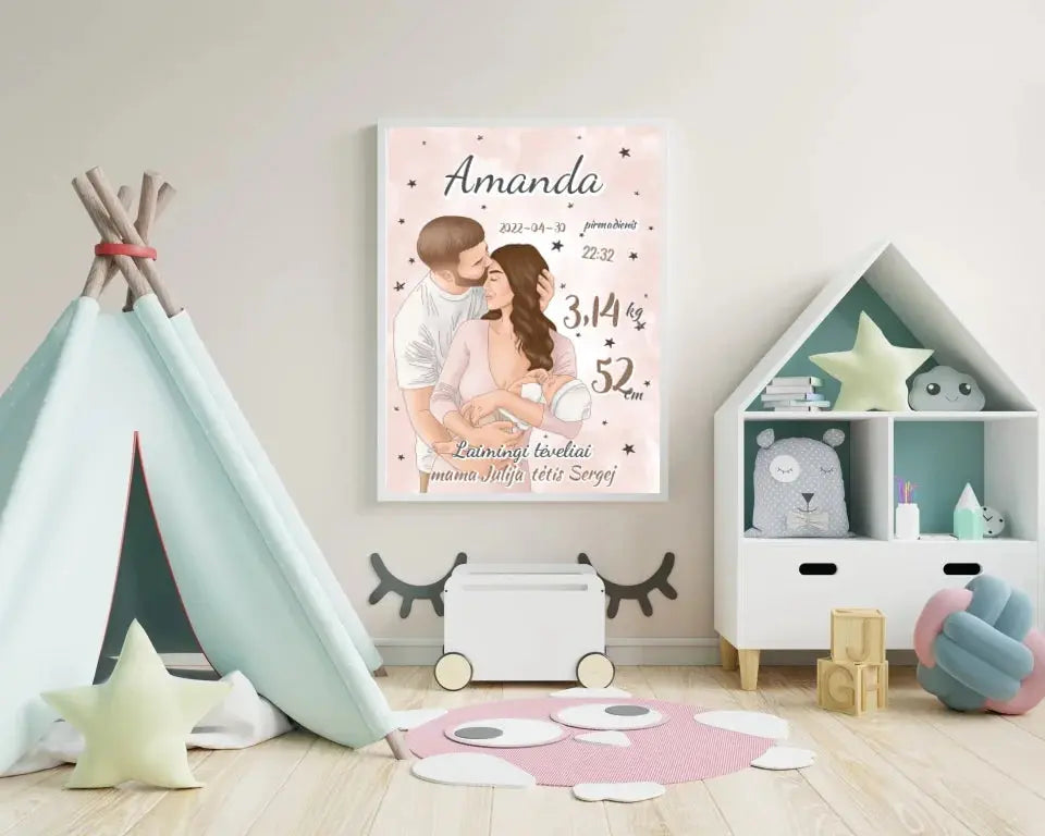 Personalizuota Mergaitės Gimimo Metrikų Iliustracija, plakatas su rėmeliu Customizer - dovanokis.lt