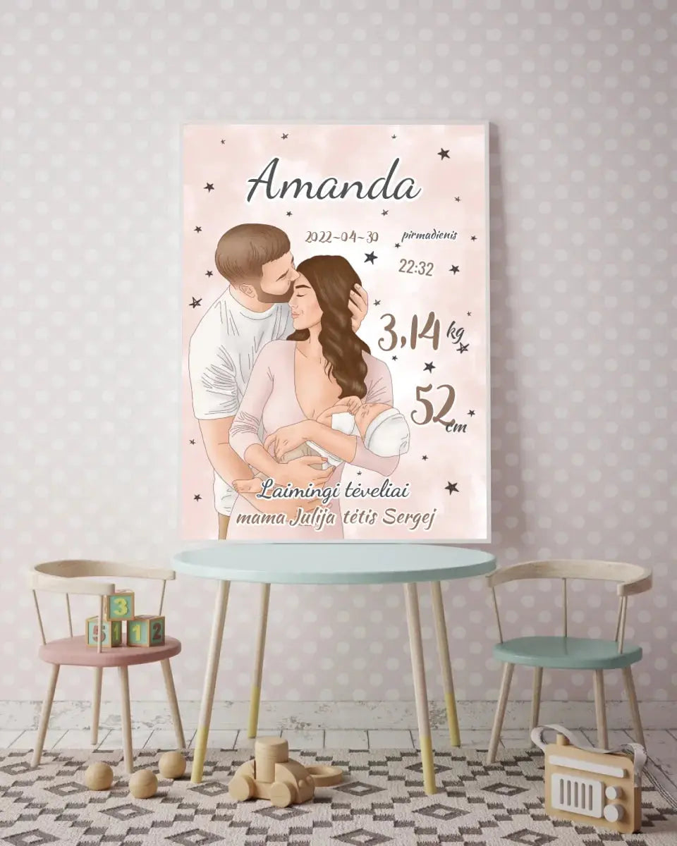 Personalizuota Mergaitės Gimimo Metrikų Iliustracija, plakatas su rėmeliu Customizer - dovanokis.lt
