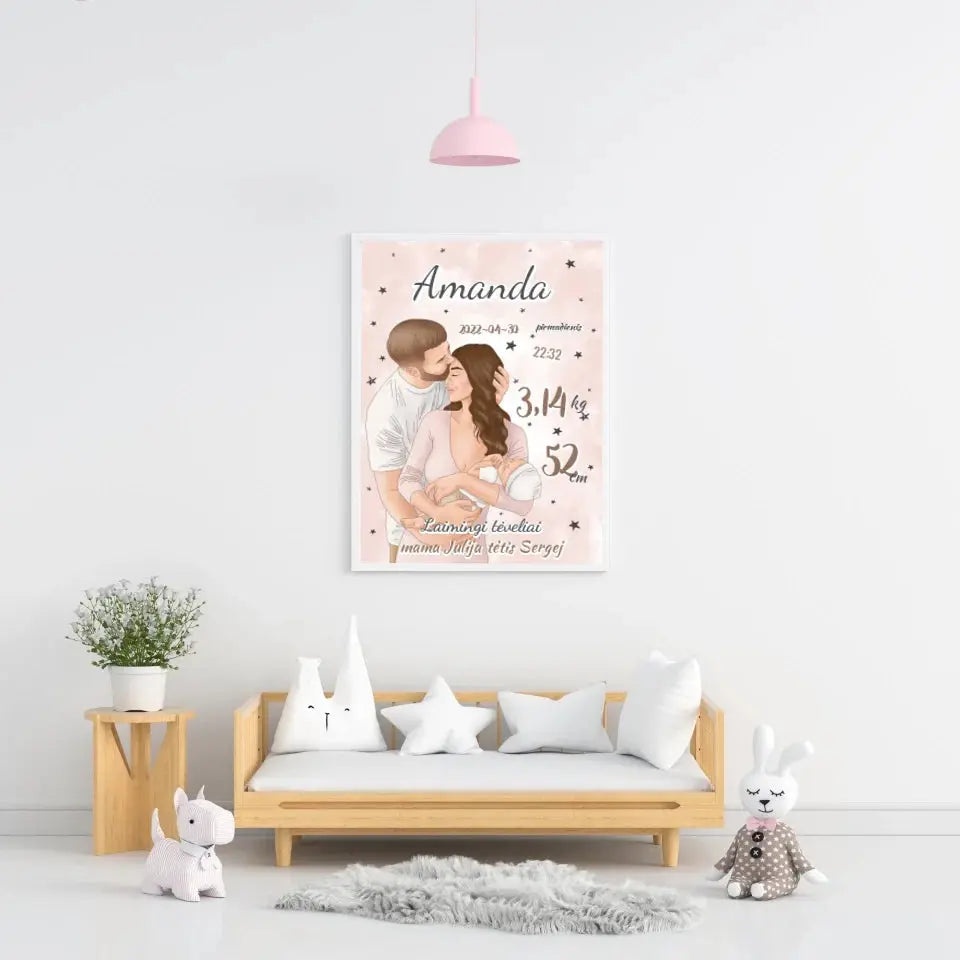 Personalizuota Mergaitės Gimimo Metrikų Iliustracija, plakatas su rėmeliu Customizer - dovanokis.lt