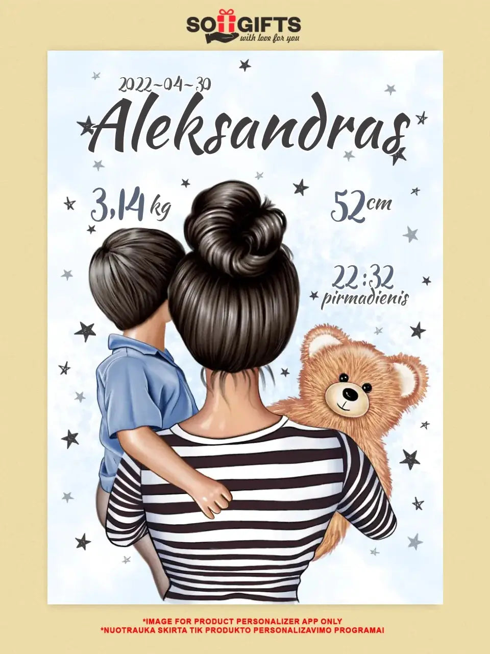 Personalizuota Berniuko Gimimo Metrikų Iliustracija ant drobės Drobe - dovanokis.lt