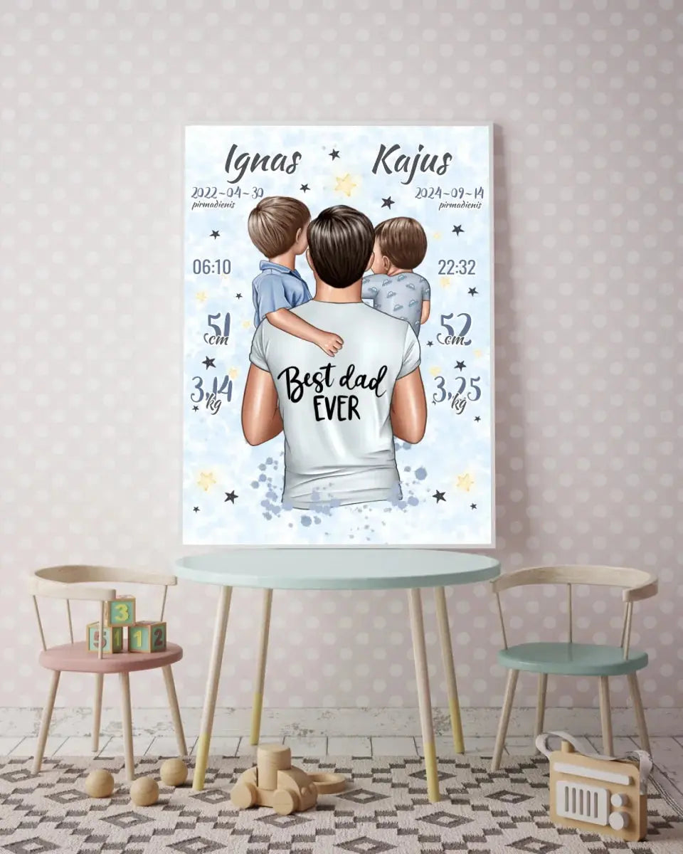Personalizuota 2 Berniuku Gimimo Metrikų Iliustracija, plakatas su rėmeliu Customizer - dovanokis.lt
