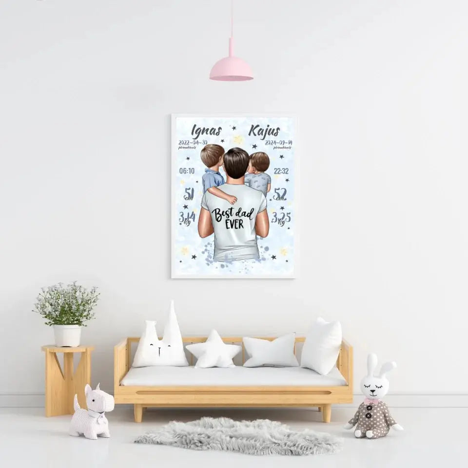 Personalizuota 2 Berniuku Gimimo Metrikų Iliustracija, plakatas su rėmeliu Customizer - dovanokis.lt