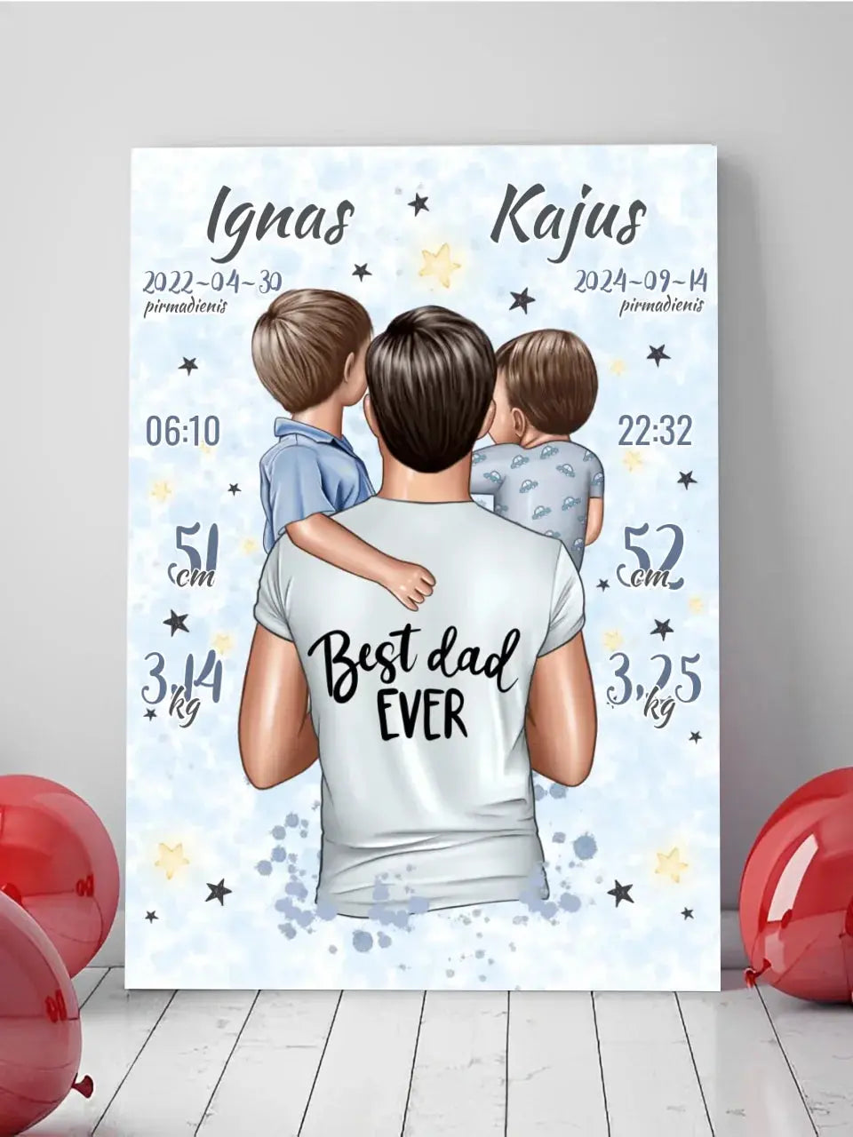 Personalizuota 2 Berniuku Gimimo Metrikų Iliustracija ant drobės Drobe - dovanokis.lt