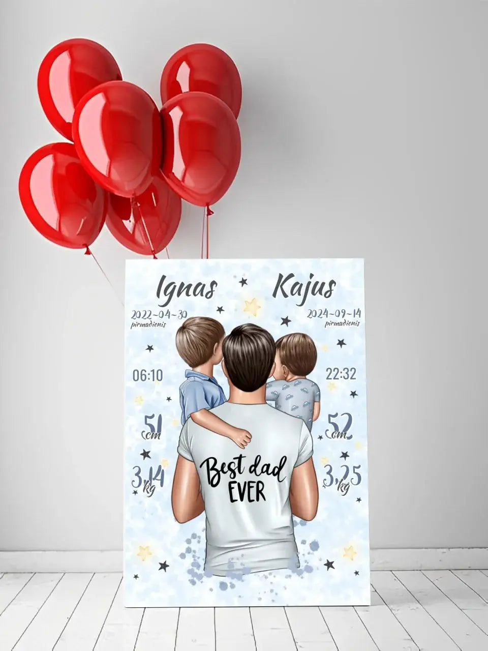 Personalizuota 2 Berniuku Gimimo Metrikų Iliustracija ant drobės Drobe - dovanokis.lt