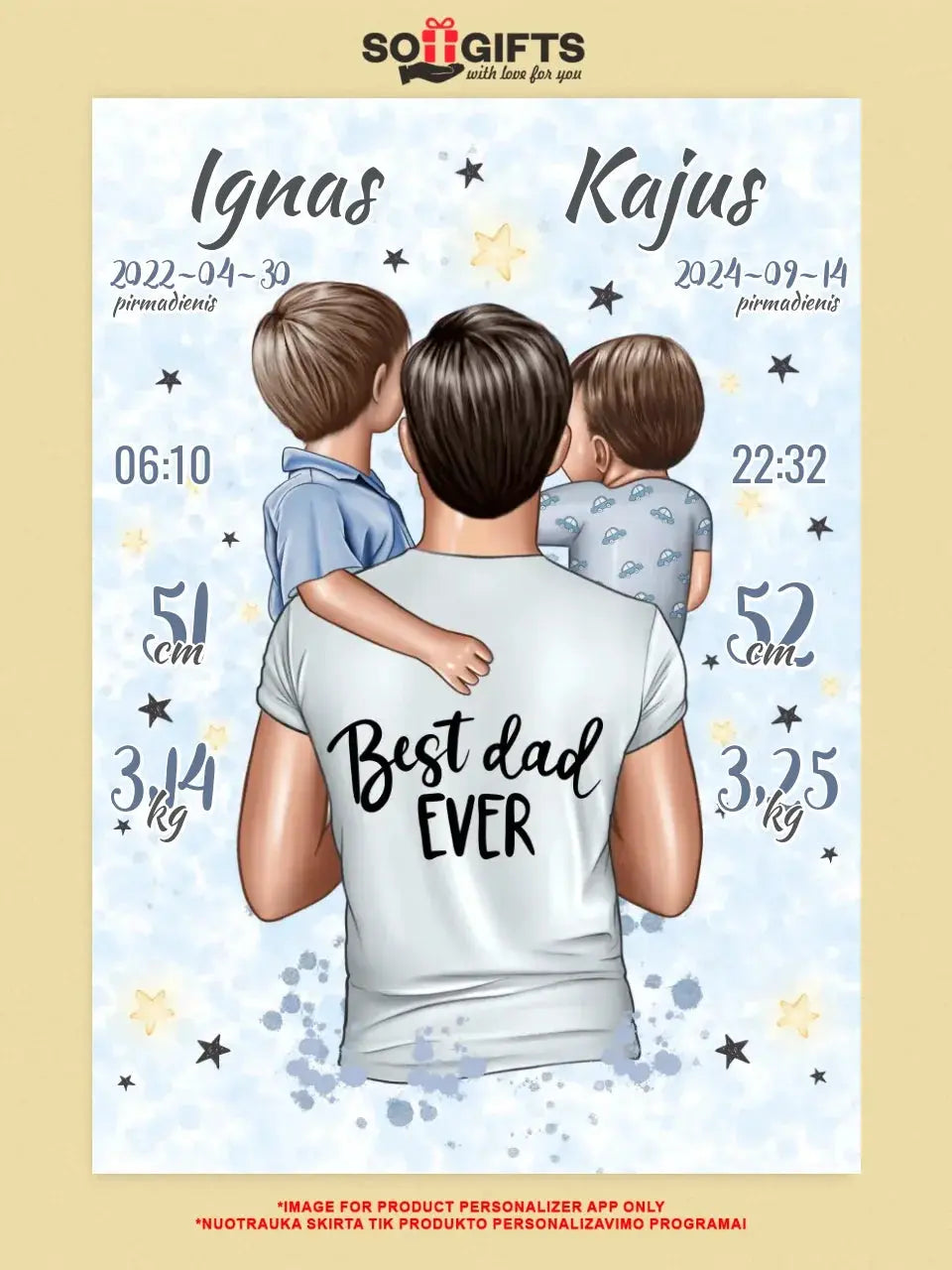 Personalizuota 2 Berniuku Gimimo Metrikų Iliustracija ant drobės Drobe - dovanokis.lt