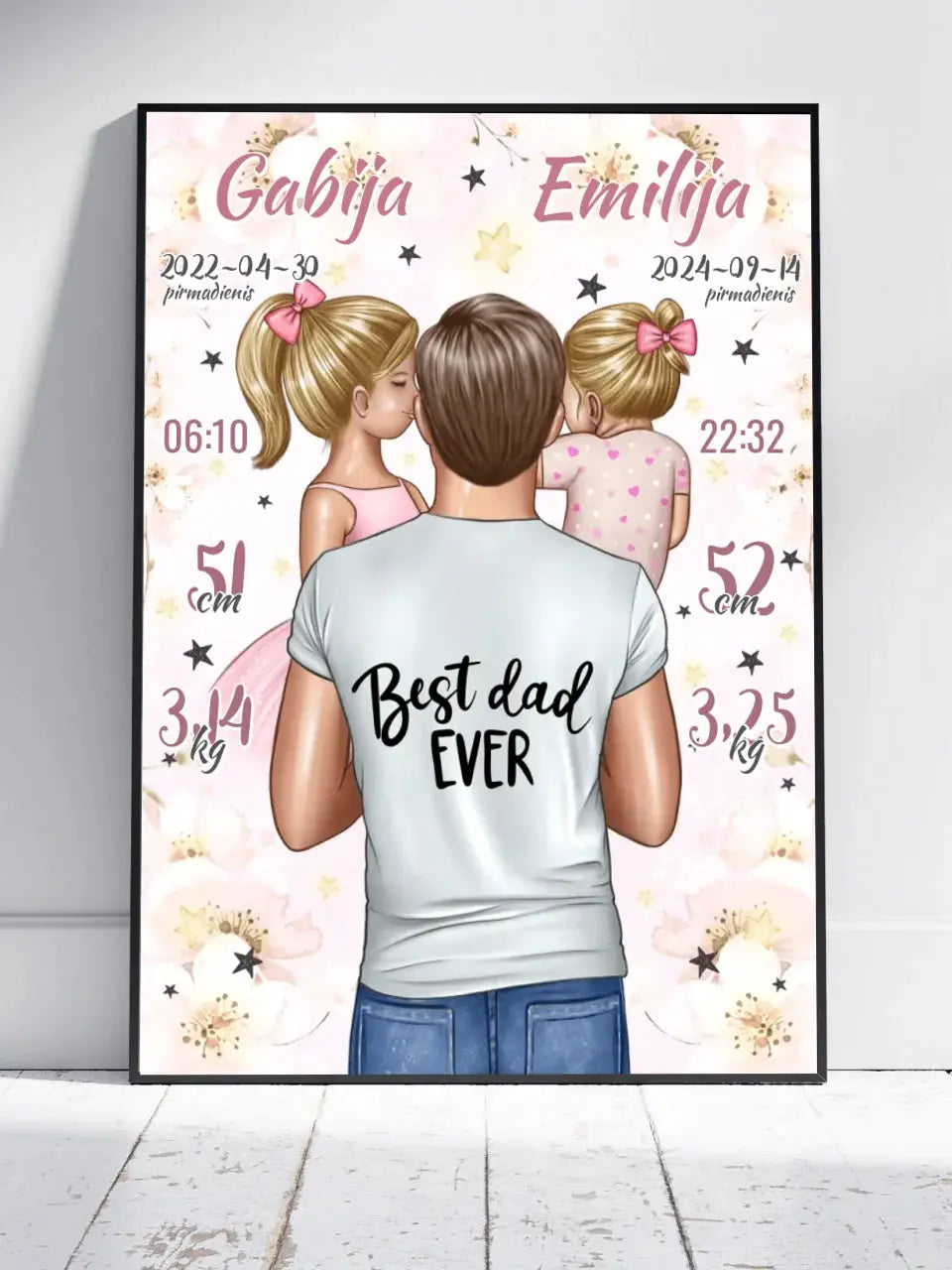 Personalizuota 2 Mergaičiu Gimimo Metrikų Iliustracija, plakatas su rėmeliu Customizer - dovanokis.lt