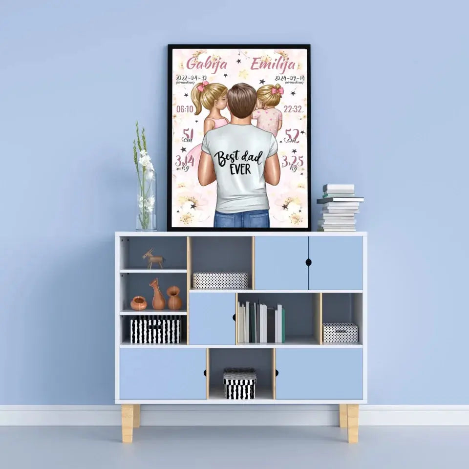 Personalizuota 2 Mergaičiu Gimimo Metrikų Iliustracija, plakatas su rėmeliu Customizer - dovanokis.lt