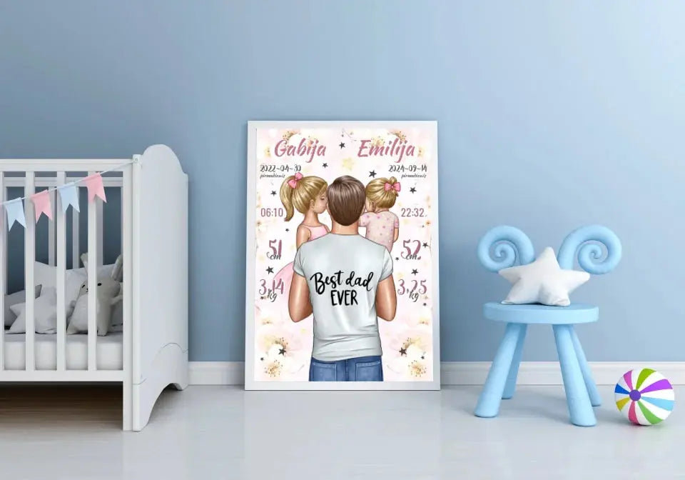 Personalizuota 2 Mergaičiu Gimimo Metrikų Iliustracija, plakatas su rėmeliu Customizer - dovanokis.lt