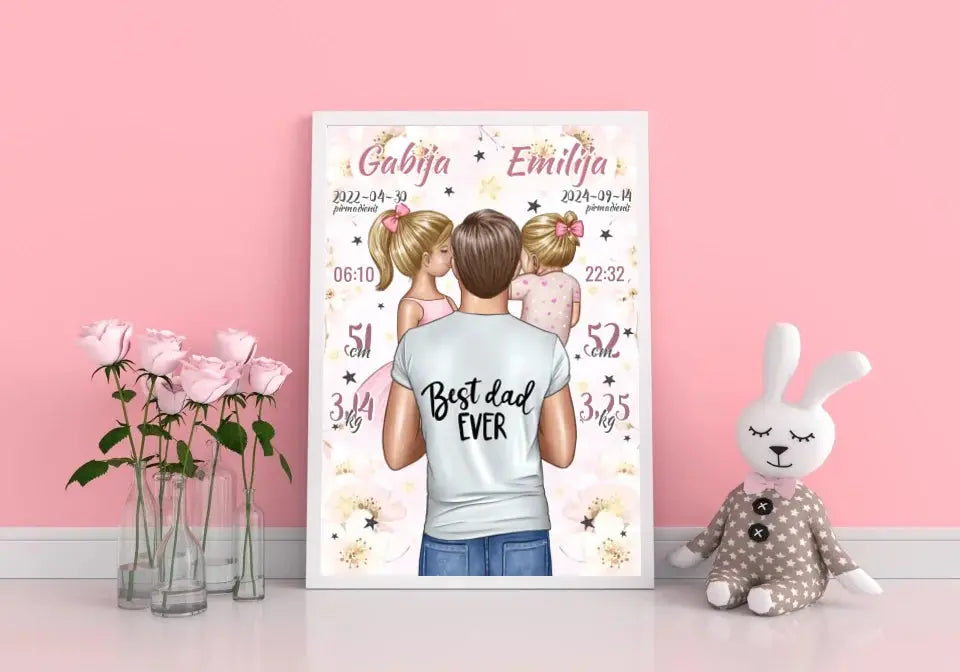 Personalizuota 2 Mergaičiu Gimimo Metrikų Iliustracija, plakatas su rėmeliu Customizer - dovanokis.lt