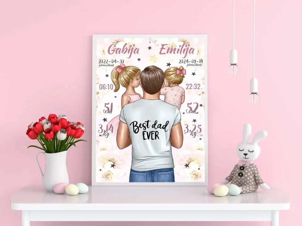 Personalizuota 2 Mergaičiu Gimimo Metrikų Iliustracija, plakatas su rėmeliu Customizer - dovanokis.lt