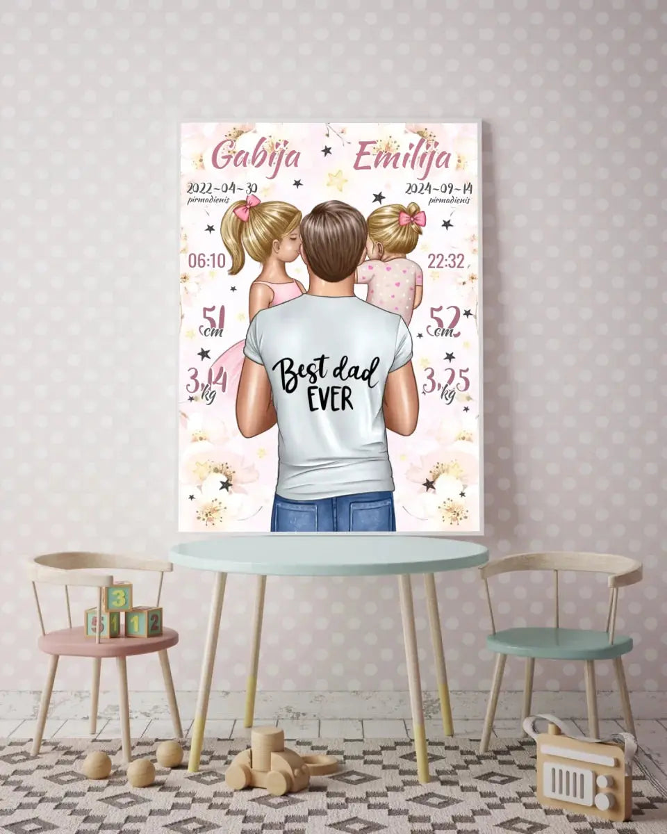 Personalizuota 2 Mergaičiu Gimimo Metrikų Iliustracija, plakatas su rėmeliu Customizer - dovanokis.lt