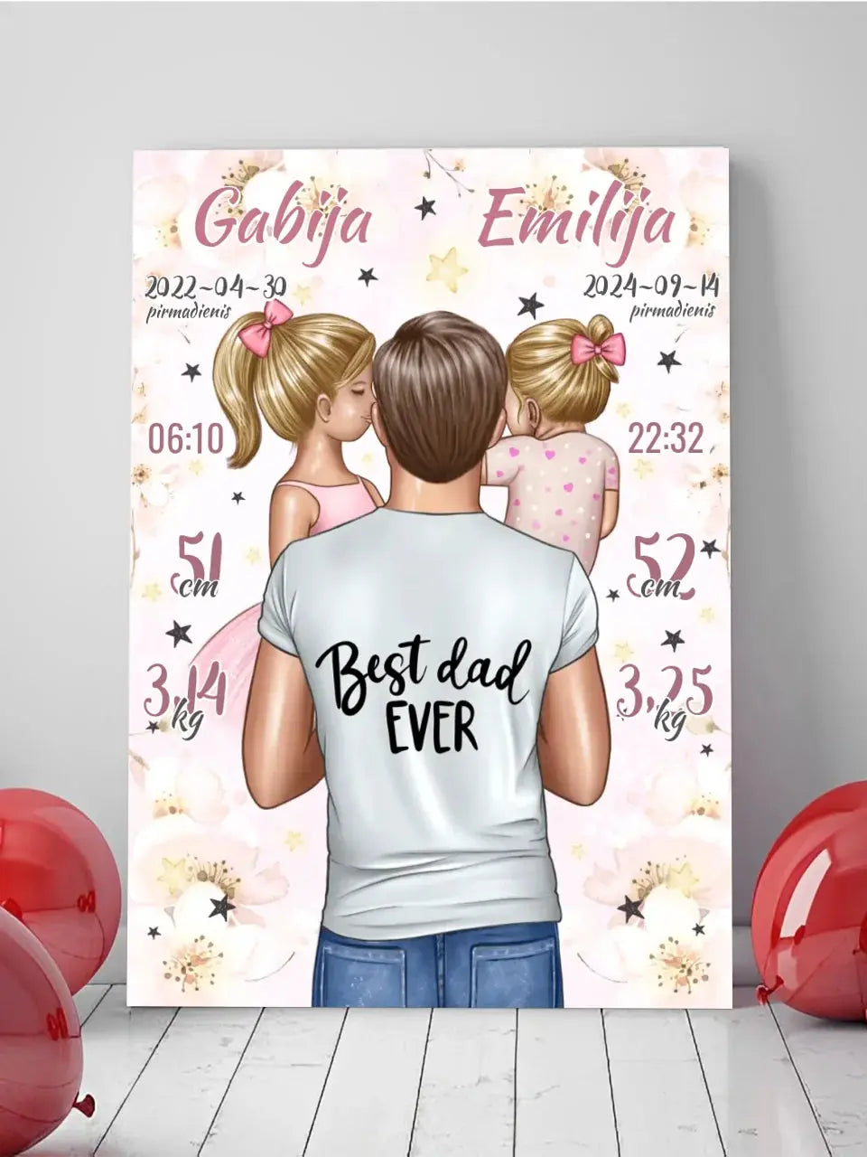 Personalizuota 2 Mergaičiu Gimimo Metrikų Iliustracija ant drobės Drobe - dovanokis.lt