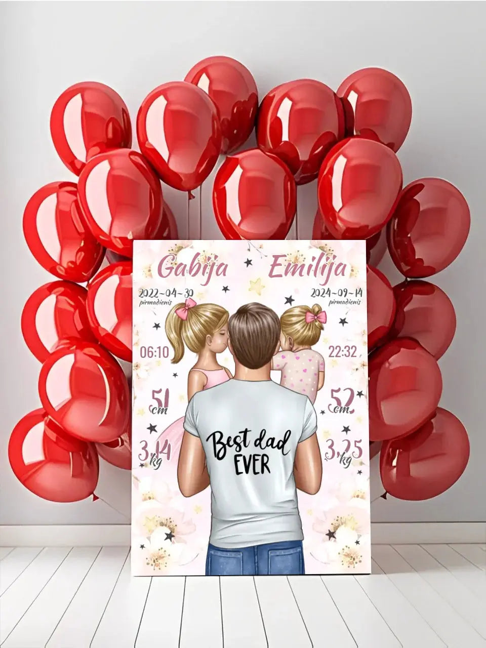 Personalizuota 2 Mergaičiu Gimimo Metrikų Iliustracija ant drobės Drobe - dovanokis.lt