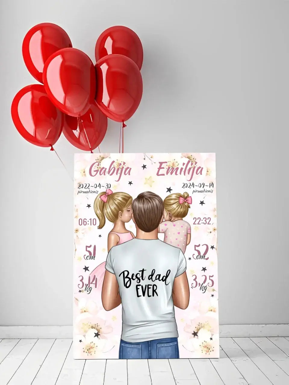 Personalizuota 2 Mergaičiu Gimimo Metrikų Iliustracija ant drobės Drobe - dovanokis.lt
